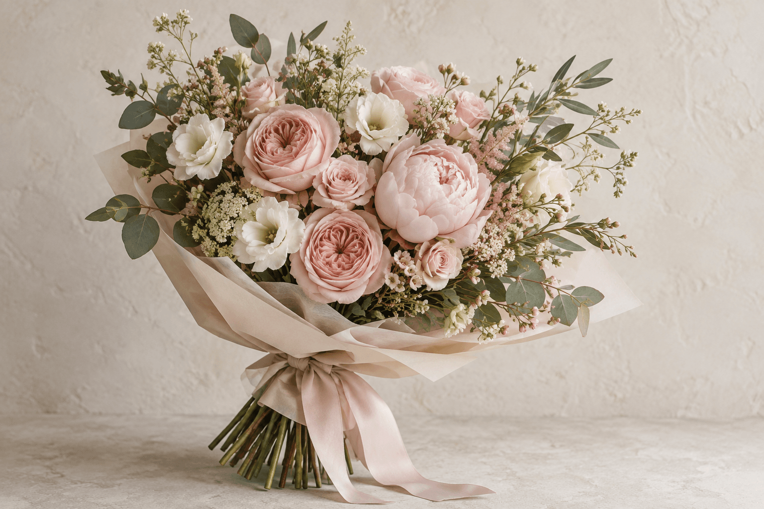 Handcrafted bouquet in blush and cream tones