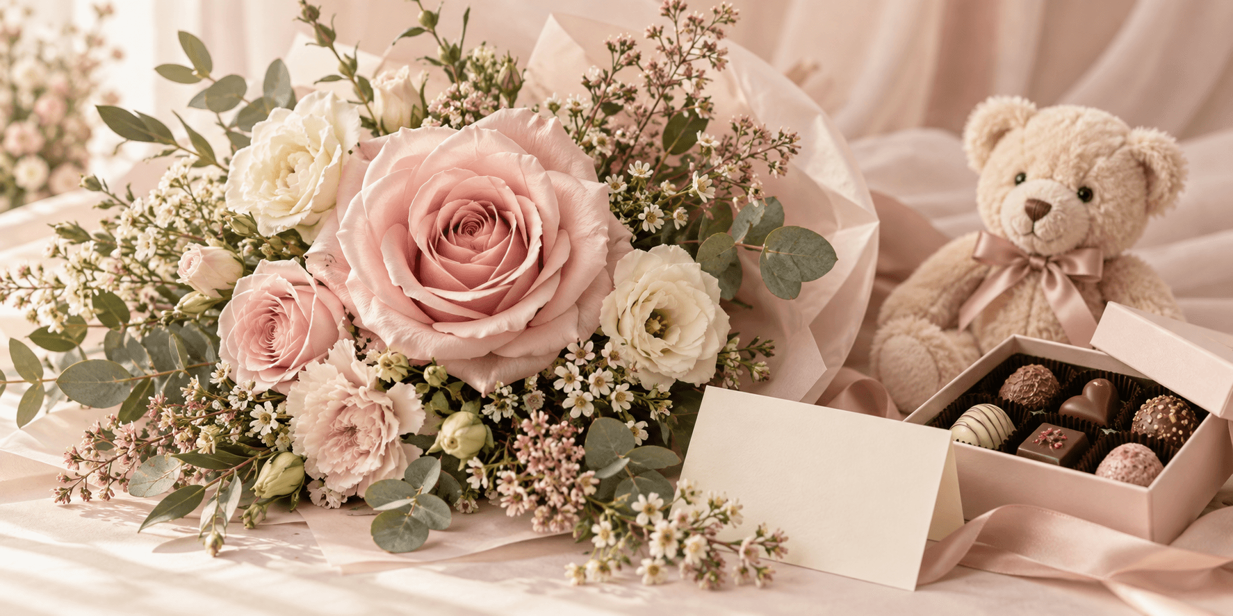 Blush flowers with chocolates, a card and teddy bear